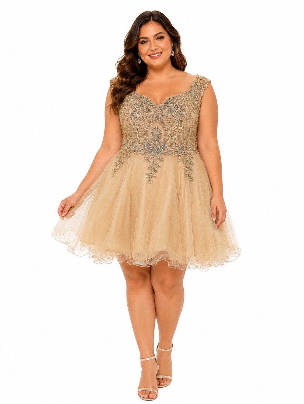 EVA USA 2XL Champagne Beaded Prom Dress Fit Flare Cocktail Party Formal